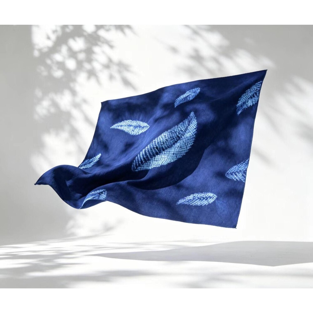 Hand-Dyed Cotton Blend Scarf | Indigo Shibori Square Scarf | Botanical Scarf